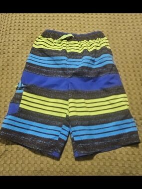First Wave Boys Bright Blue and Neon Yellow Striped Swim Trunks